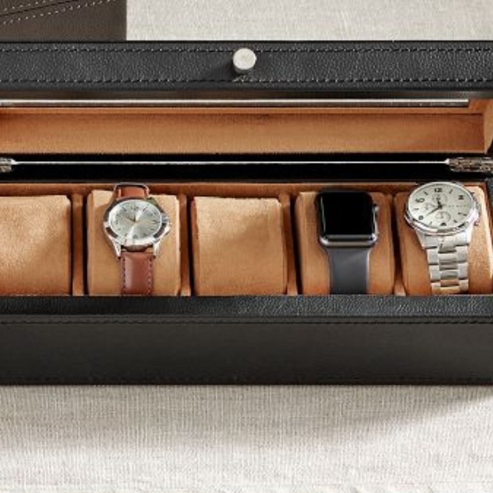 Pottery Barn Black Leather Watch Case with Tan Interior